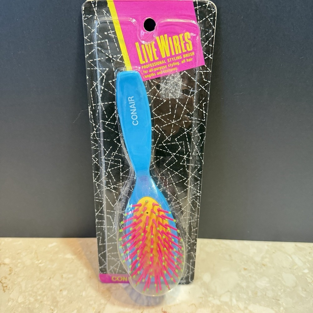 Vtg 1990's Conair Live Wires Cushion Base Neon Blue Pink Brush 7 Row Purse Size